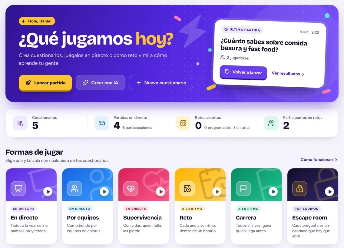 Pantalla de inicio de QuizLive: botones para lanzar una partida, crear con IA o empezar un cuestionario nuevo, un resumen de la actividad y las seis formas de jugar.